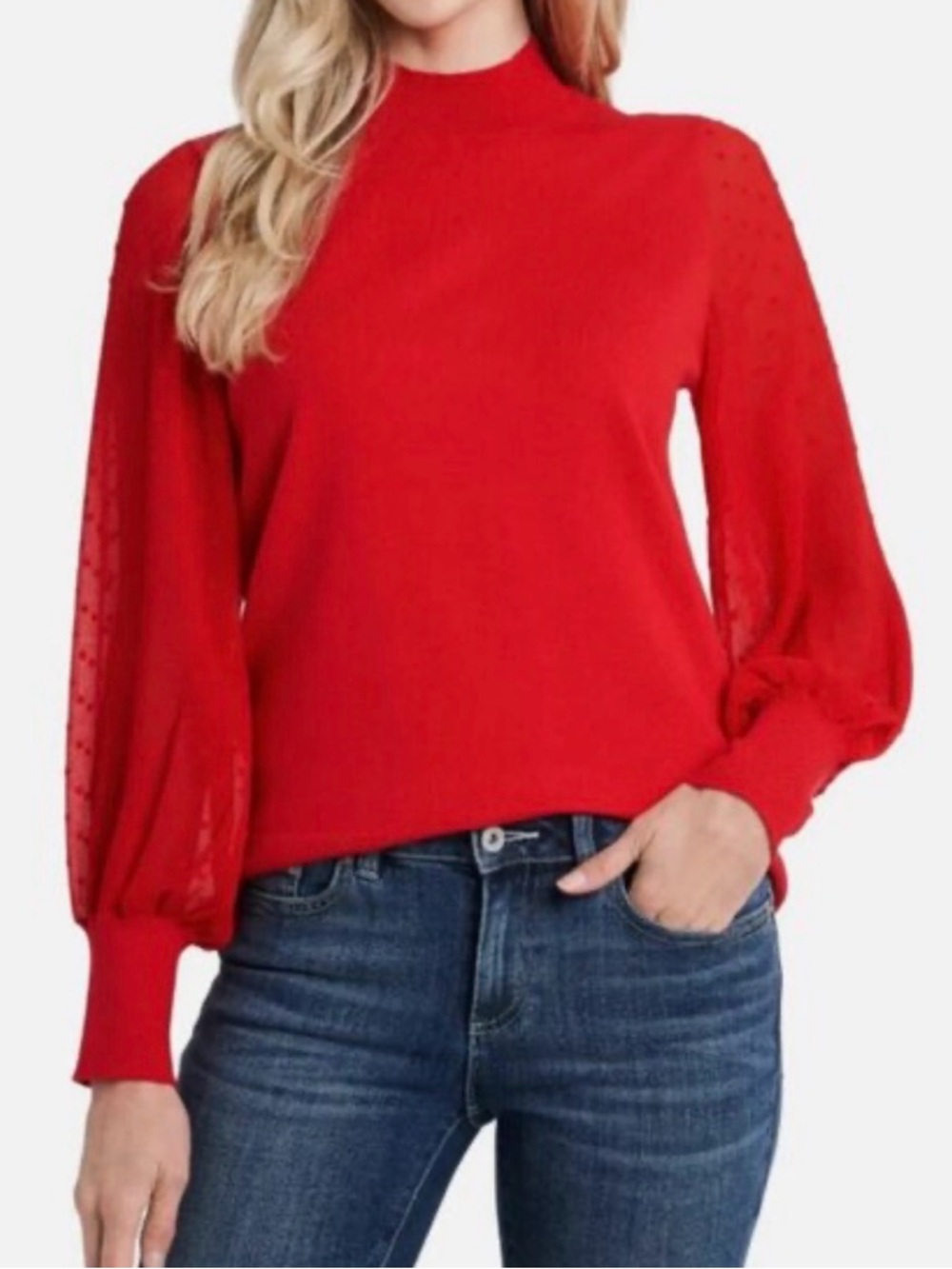 Cece Red Mock Neck Sweater with Sheer Dot Sleeve, Size M